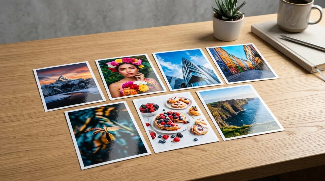 Tujuh cetak foto A6 kertas glossy dengan warna vibrant tertata rapi di atas meja kayu untuk mini album Uprint.id