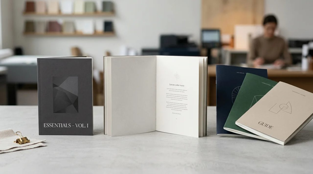 Cetak booklet A6 finishing doff portrait dengan tampilan elegan di studio percetakan digital Uprint.id.