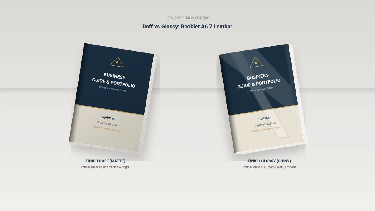 Perbandingan hasil cetak booklet A6 7 lembar laminasi doff vs glossy untuk profil bisnis profesional di Uprint.id.