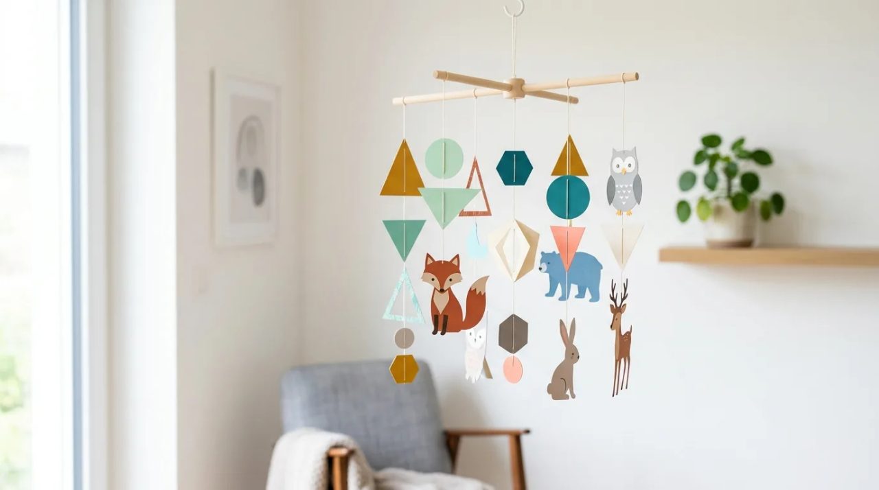Hanging mobile buatan sendiri dari kertas karton warna-warni berbentuk hewan hutan, cocok untuk dekorasi kamar anak.