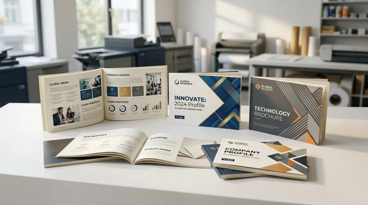 Jasa cetak landscape A5 branded: booklet dan company profile berkualitas premium di percetakan Uprint.id.