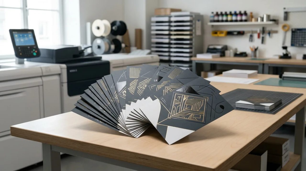 Ilustrasi cetak flyer custom premium Uprint.id dengan detail emas mewah untuk meningkatkan konversi promosi bisnis.