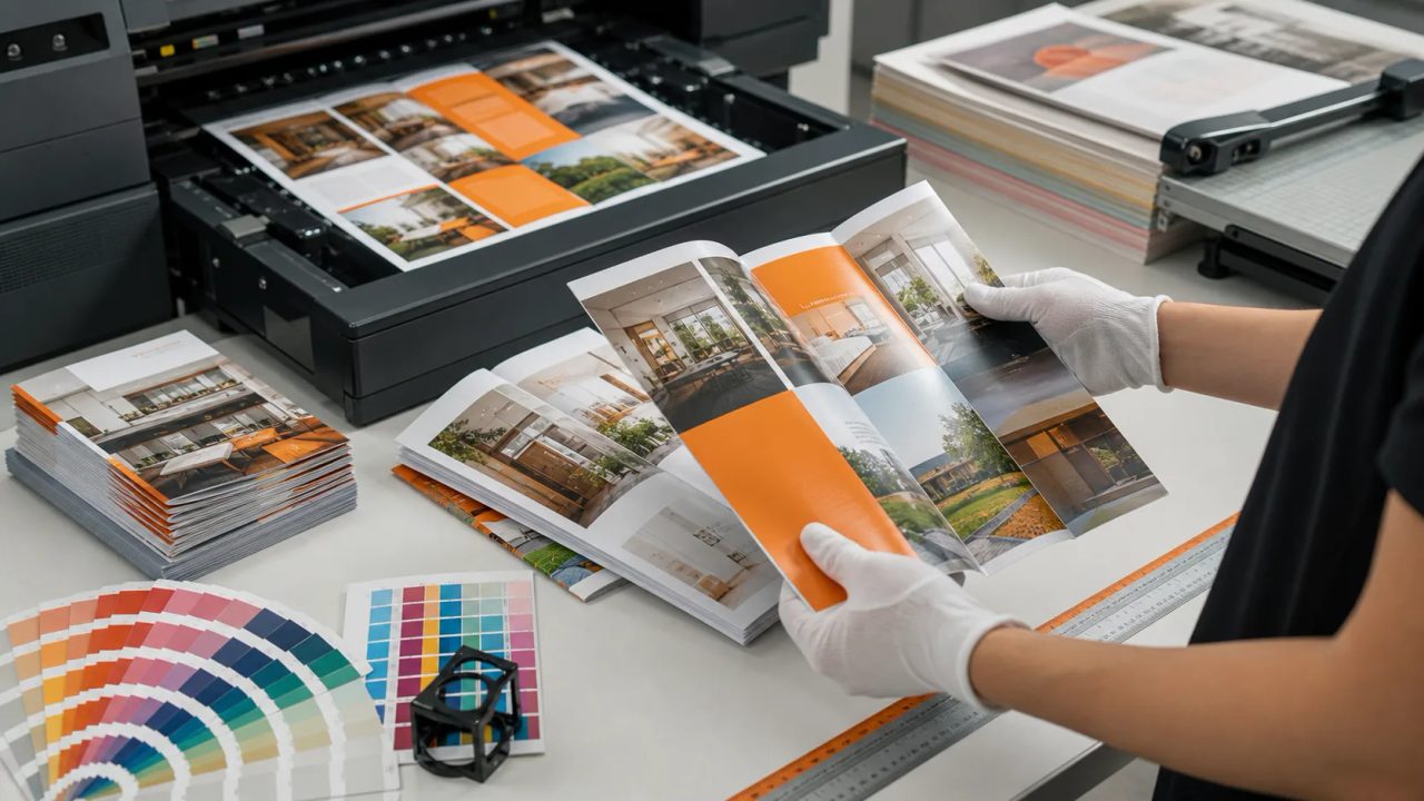 Ilustrasi thumbnail/hero artikel blog percetakan Uprint.id berjudul "Cetak Booklet A6 Portrait HVS: Bikin Brand Naik Kelas dengan Anggaran Cerdas". Fokus topik: