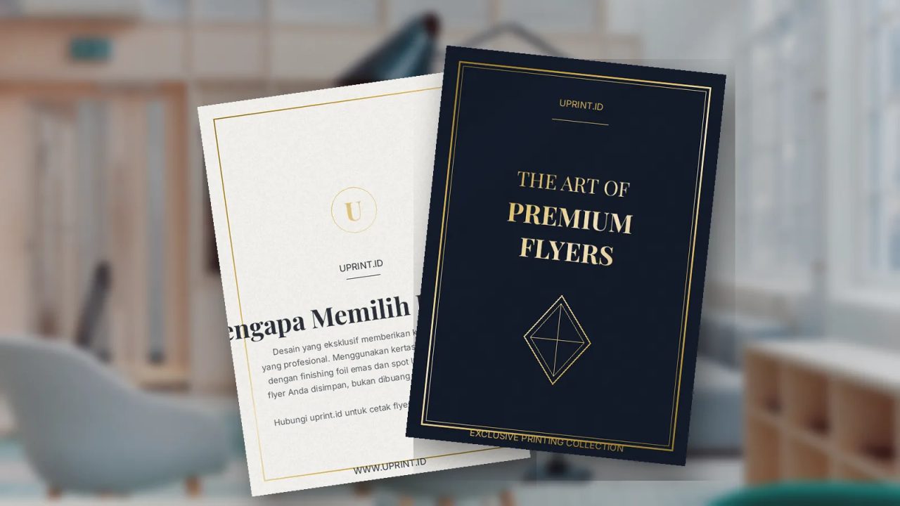 Ilustrasi cetak flyer premium Uprint.id dengan finishing gold foil mewah untuk meningkatkan citra brand bisnis.