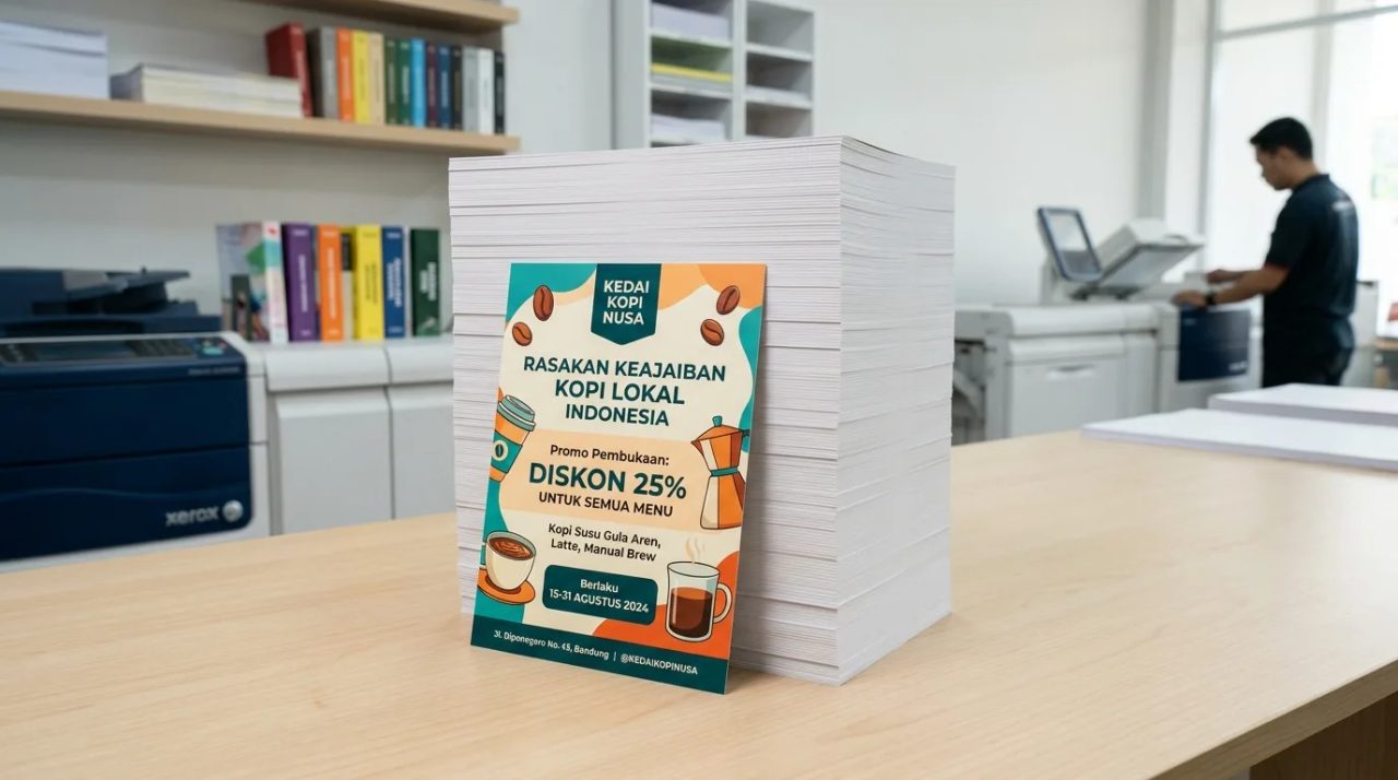 Tumpukan cetak flyer A5 1 rim dengan desain promo menarik untuk memikat hati pelanggan lokal di Uprint.id