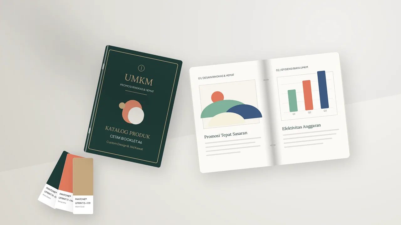 Desain booklet A6 custom jilid kawat dengan layout rapi dan hemat, solusi promosi praktis untuk bisnis UMKM.
