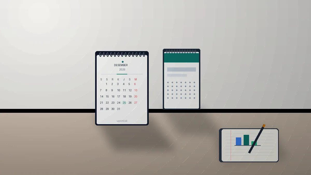 Kalender desk portrait A6 custom dari Uprint.id untuk branding perusahaan 365 hari hemat biaya dengan analisis CFO.