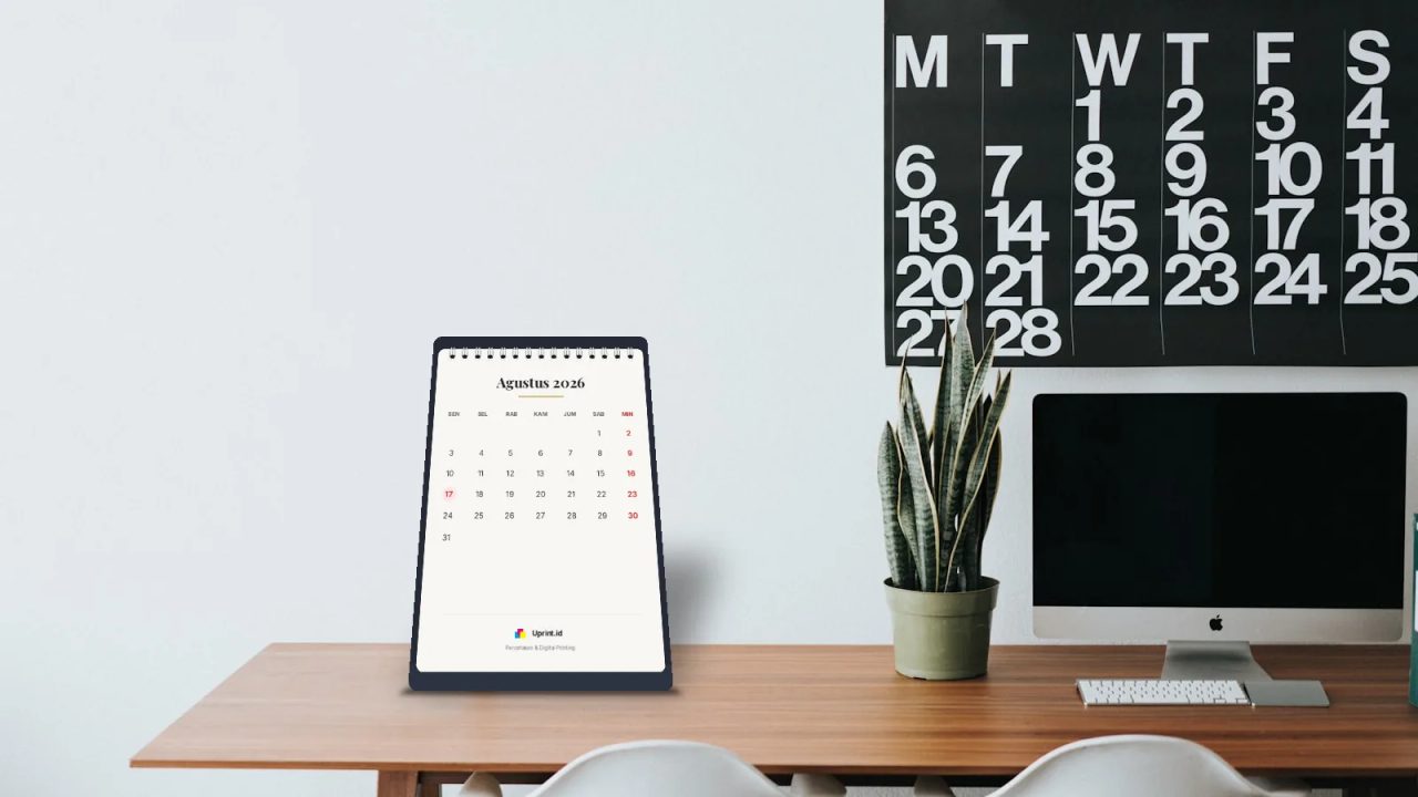 Kalender meja A6 portrait 7 lembar yang elegan di atas meja kerja kantor, produk cetak Uprint.id