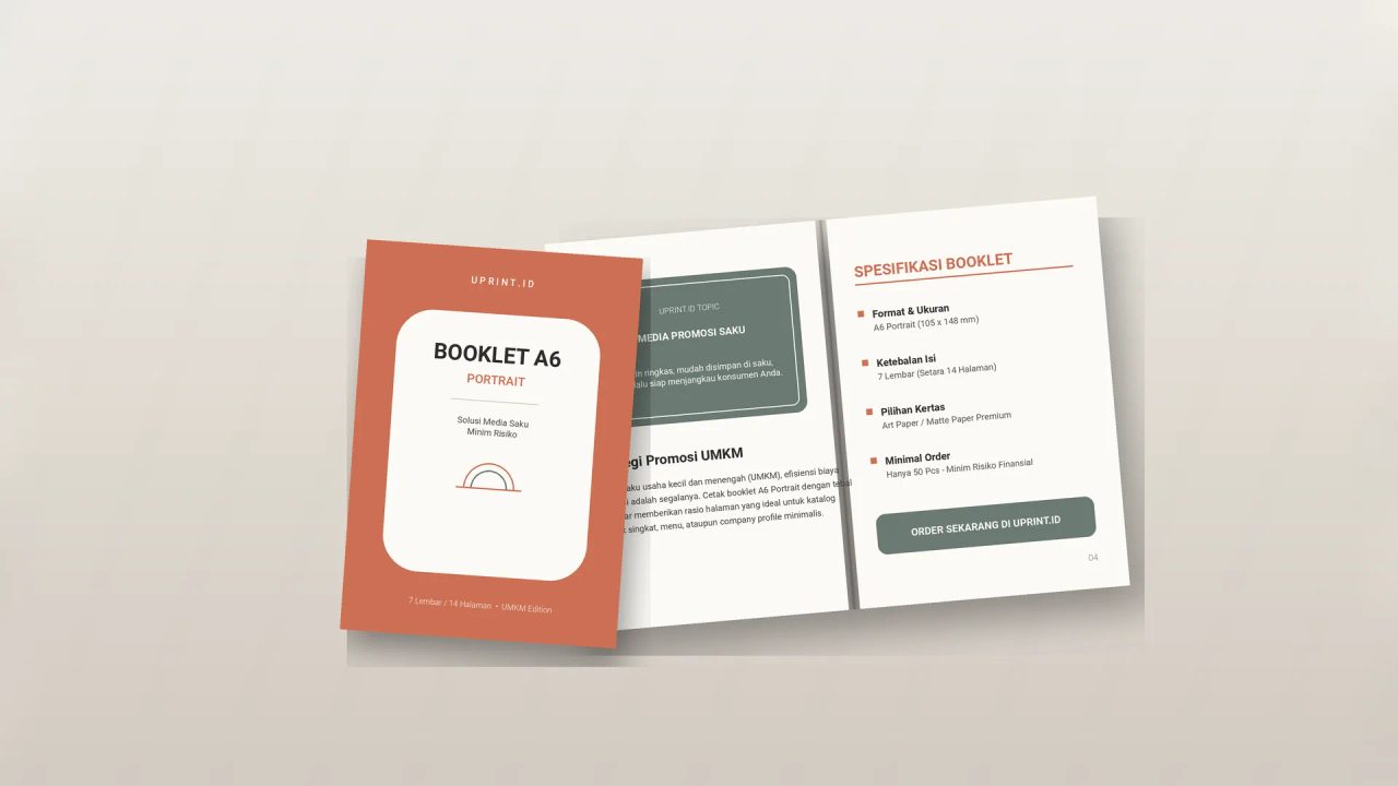 Cetak booklet A6 portrait 7 lembar berkualitas tinggi untuk media promosi saku UMKM di studio Uprint.id.
