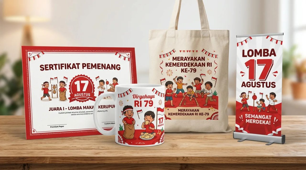 Souvenir custom 17 Agustus berupa sertifikat pemenang, mug, tas kanvas, dan banner untuk acara lomba kemerdekaan.