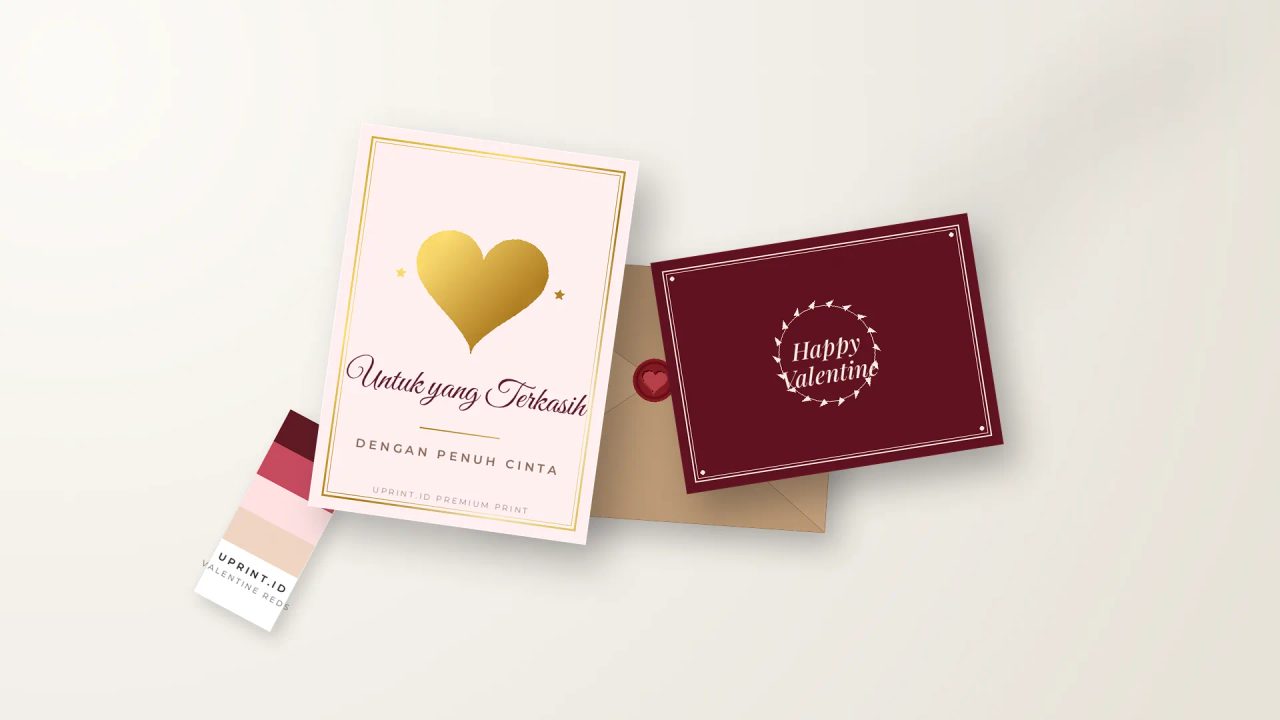 Desain kartu ucapan Valentine premium dengan foil emas dan amplop kraft di studio percetakan digital Uprint.id.