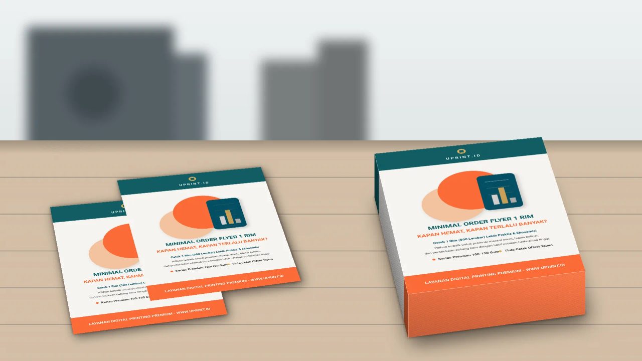 Cetak flyer promosi minimal order 1 rim berkualitas tinggi dengan desain modern di Uprint.id.