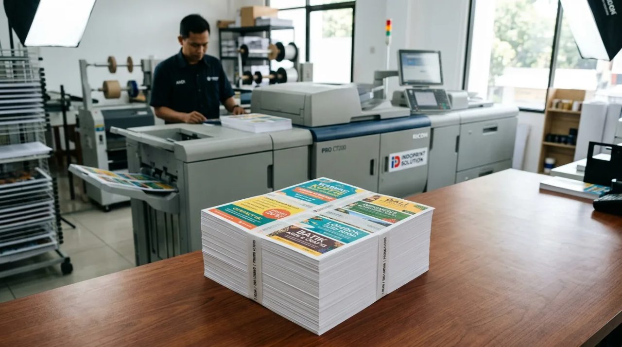 Tumpukan cetak flyer 1 rim untuk promosi lokal di mesin cetak digital modern Uprint.id