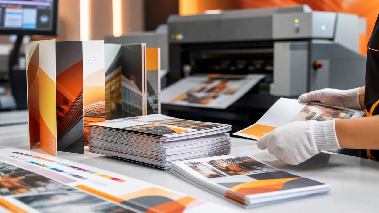 Proses cetak booklet A6 portrait berkualitas premium di Uprint.id untuk media promosi bisnis UMKM.