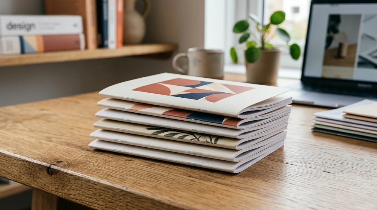 Tumpukan cetak booklet A6 portrait minimal order 50 pcs untuk tes pasar di meja studio kreatif Uprint.id.