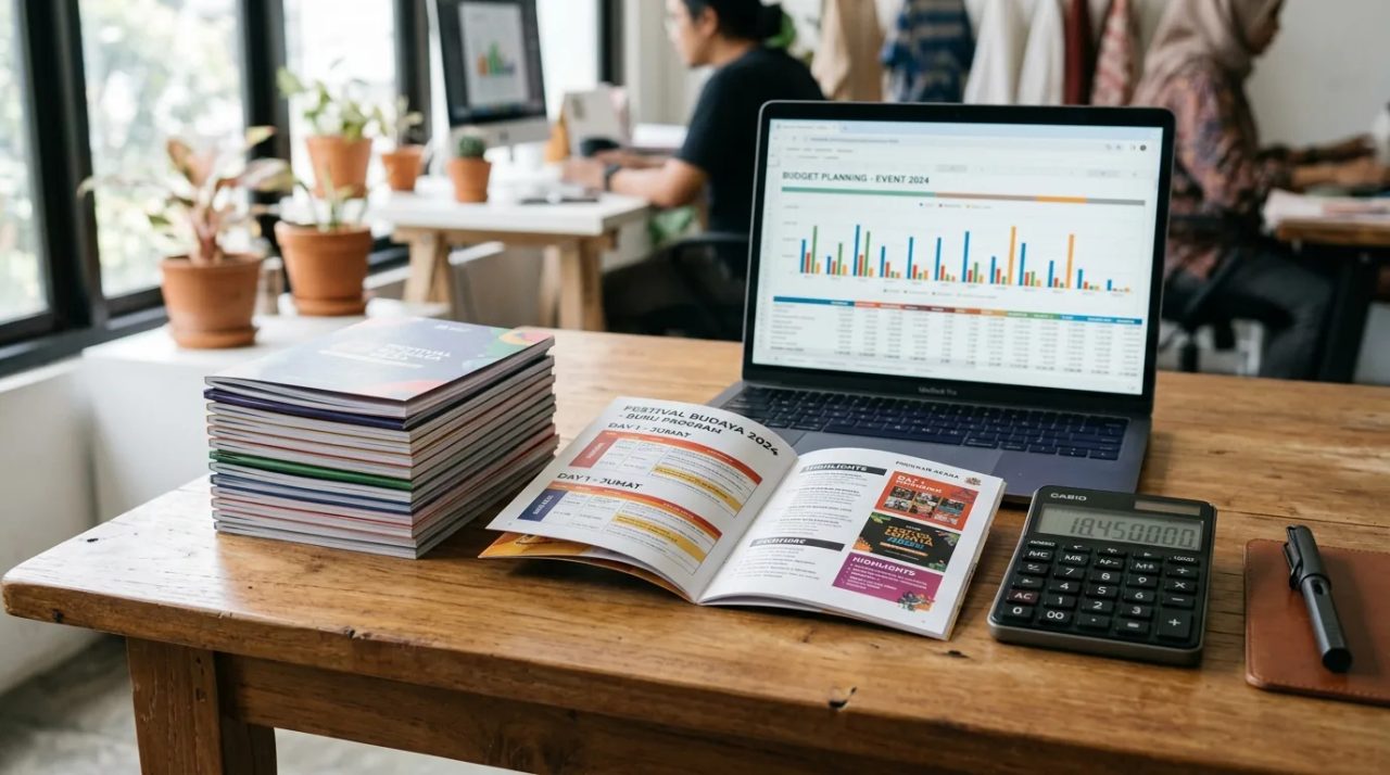 Cetak booklet A6 hemat untuk budget event mikro dengan analisis biaya di laptop dan kalkulator Uprint.id