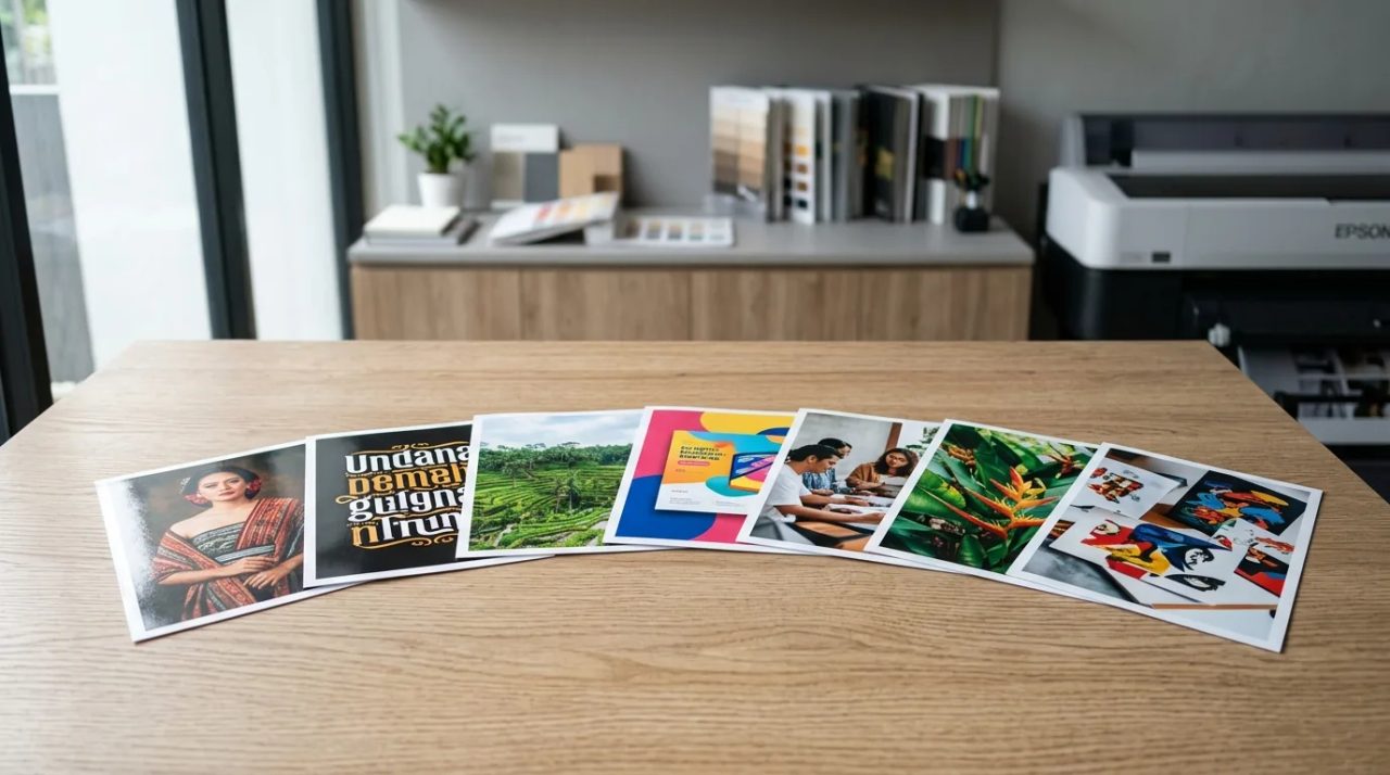 Cetak portrait A6 kertas glossy isi 7 lembar untuk portofolio mini premium di meja studio cetak Uprint.id.