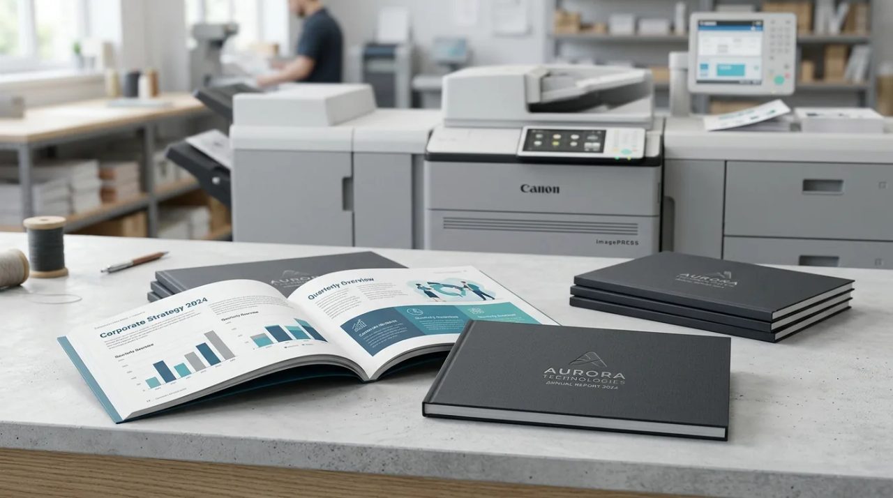 Cetak booklet A5 landscape branded berkualitas di Uprint.id dengan tampilan halaman isi dan cover laporan bisnis.