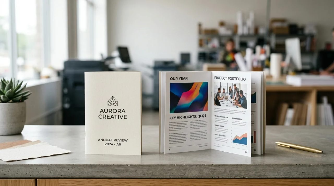 Cetak booklet A6 portrait branded rapi dan ringkas di meja studio percetakan modern.