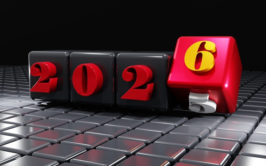 Tahun 2026 dalam blok warna merah dan hitam, konsep tahun baru.