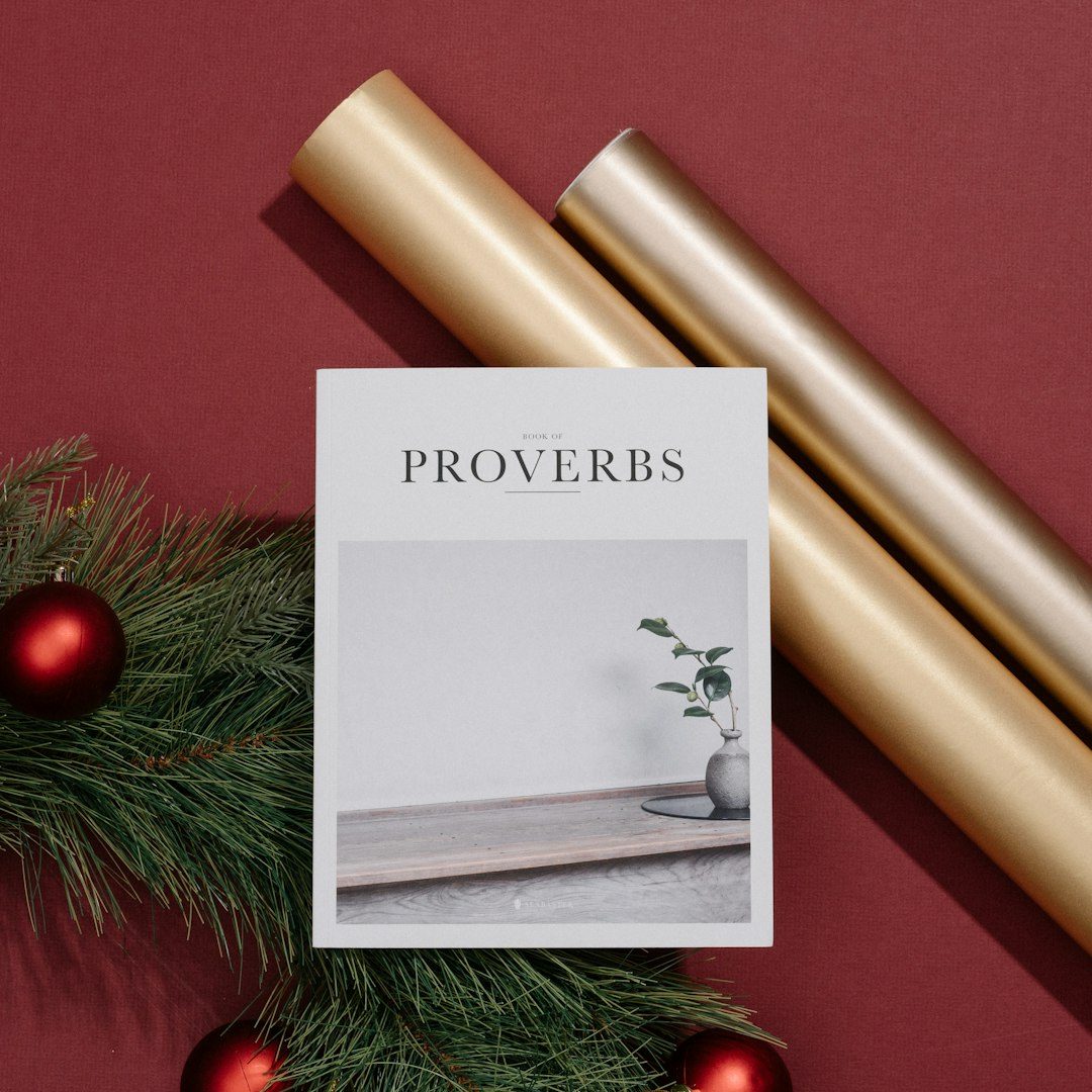 Buku kecil berjudul Proverbs dengan desain minimalis dan potongan kayu.