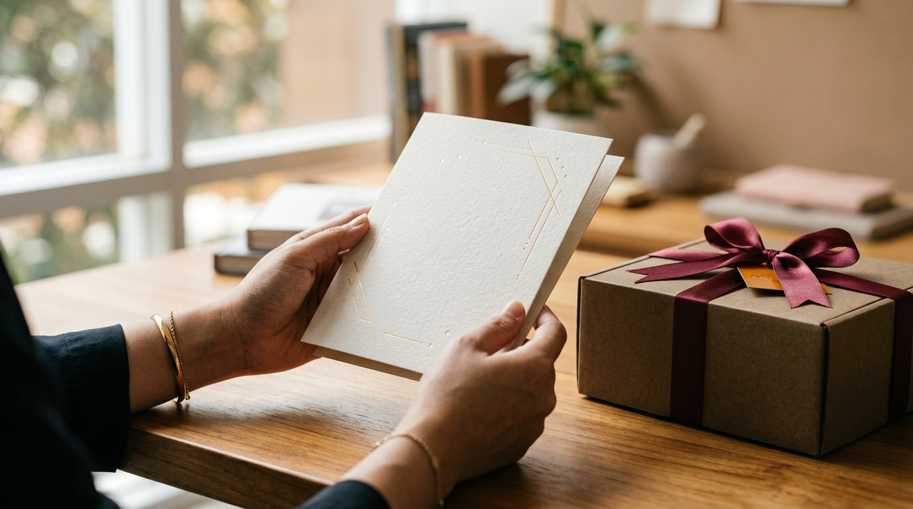 Cetak kartu lebaran kertas doff eksklusif bersanding dengan paket hampers mewah