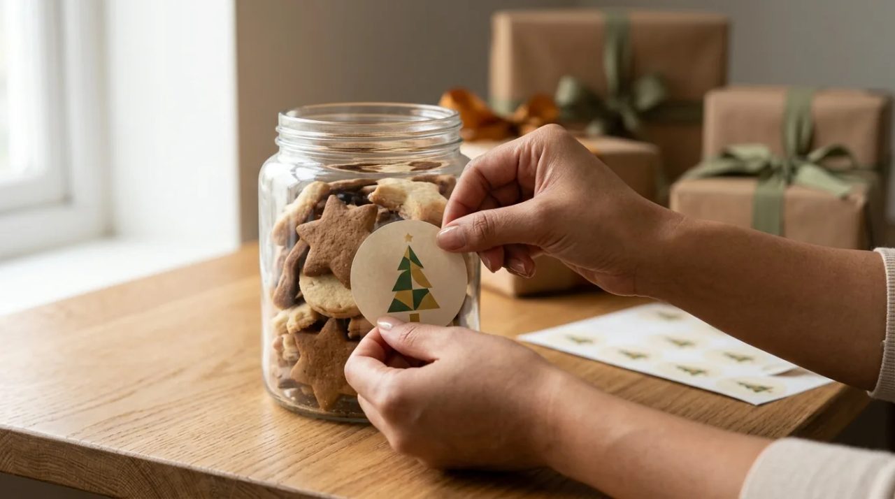 Inspirasi cetak stiker natal murah berlogo untuk kemasan hampers akhir tahun