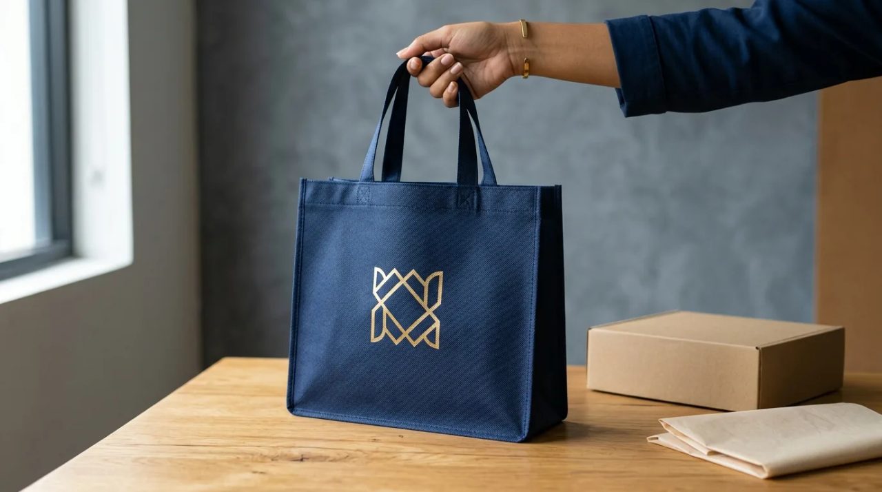 Tas spunbond custom printing premium dengan logo brand di meja unboxing produk