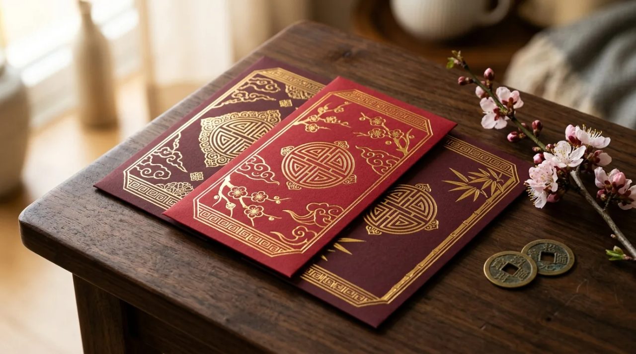 Amplop angpao imlek ukuran 15x25 cm dengan hotprint foil emas berkilau di atas meja bernuansa Imlek