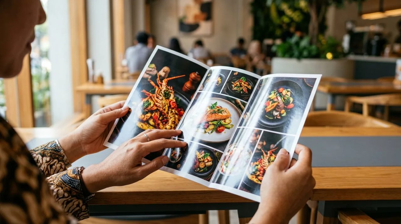 Materi promosi berfinishing glossy untuk bisnis kuliner di Surabaya