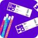 Label kertas berlapis glossy dengan garis warna di latar ungu.