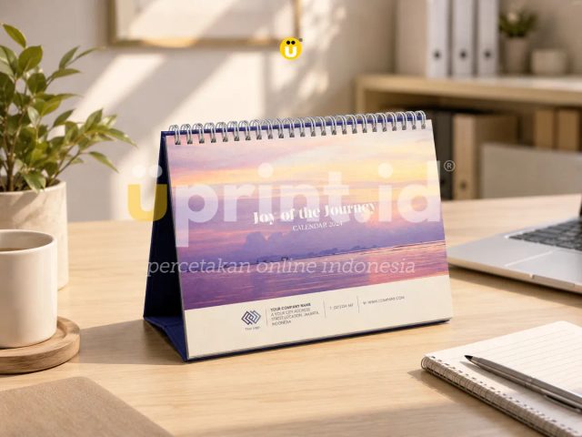 Kalender meja spiral bergambar langit senja ungu-jingga, berdiri di meja kerja dekat laptop, tanaman, dan buku catatan.