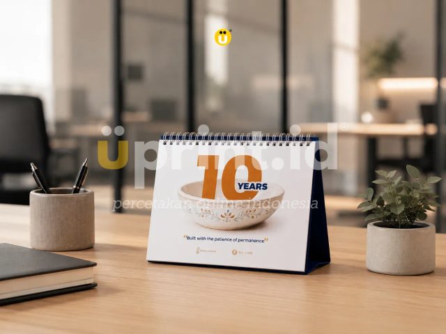 Kalender meja spiral berorientasi landscape bertema 10 tahun dengan gambar mangkuk keramik, di meja kerja kantor dekat pot pensil dan tanaman.