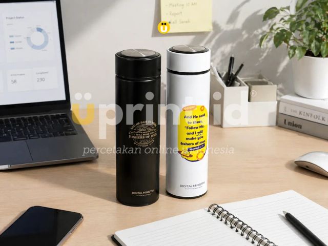 Dua tumbler stainless hitam dan putih dengan cetak custom dan stiker kuning di meja kerja bersama laptop, buku spiral, dan tanaman.