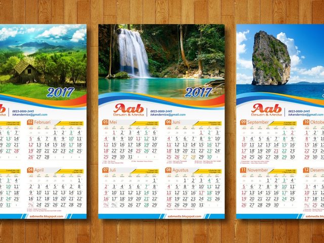 Kalender dinding tahun 2017 dengan pemandangan alam indah dan logo Aab Desain & Media.