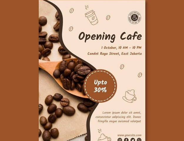Poster peresmian cafe dengan diskon hingga 30% dan detail lokasi.