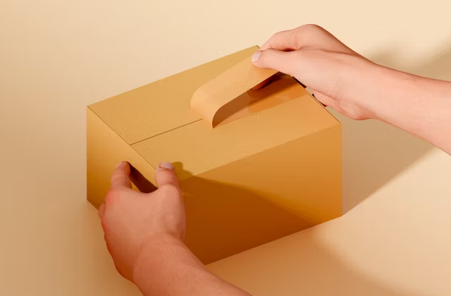 Tangan memegang kotak kue dengan handle dari bahan kertas kuning.