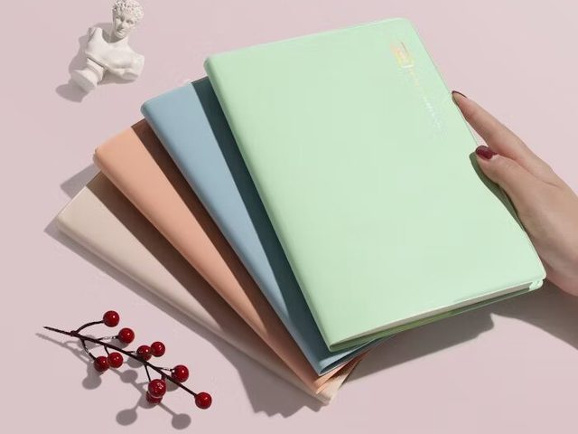 Tumpukan buku softcover berwarna pastel dengan model kepala kuno dan cabang buah merah di samping.