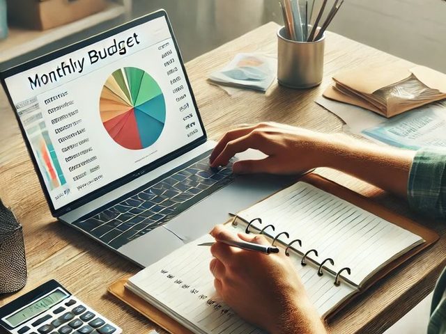 Orang sedang merencanakan anggaran cetak booklet bisnis di laptop