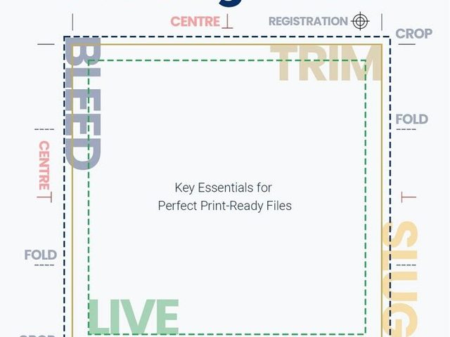 Infografik panduan cetak profesional dengan petunjuk trim, register, dan bleed.