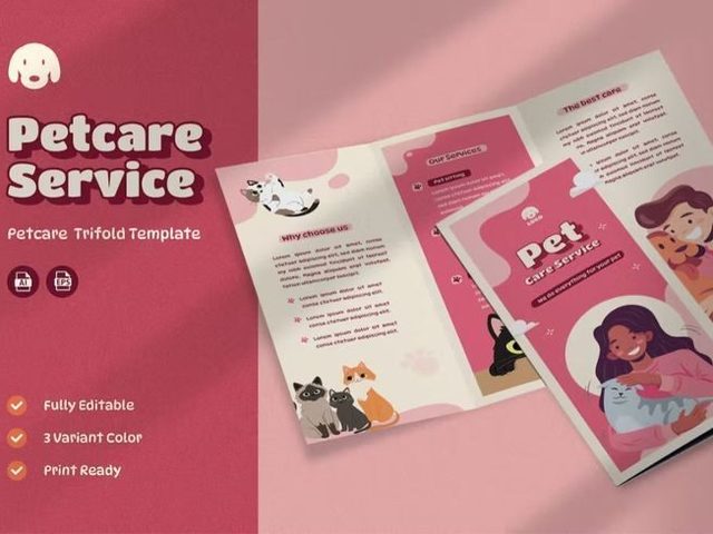 Desain trifold template untuk layanan perawatan hewan peliharaan dengan tema lucu dan manis.