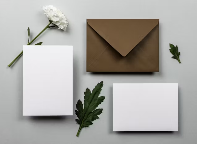 Komposisi minimalis dengan kertas putih, buku surat, dan bunga putih, ideal untuk desain grafis atau branding.