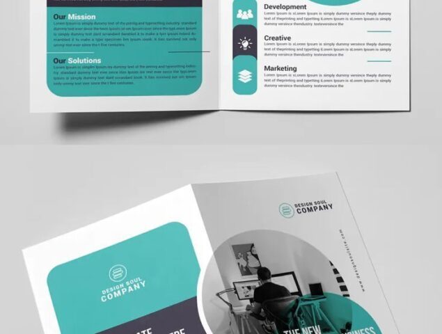 Brosur bisnis modern dengan elemen grafis dan foto.