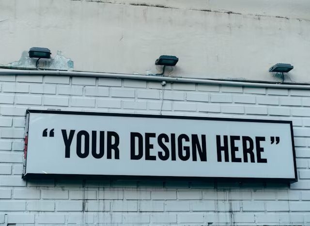 Tanda besar bertuliskan 'YOUR DESIGN HERE' di dinding bangunan.