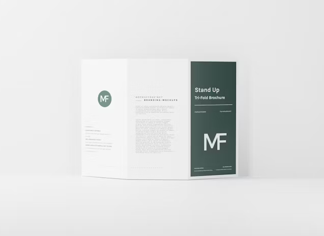 Contoh desain brosur lipat tiga dengan logo MF dan informasi branding.