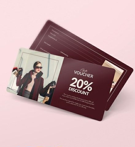 Desain voucher diskon 20% dengan foto model dan detail informasi.
