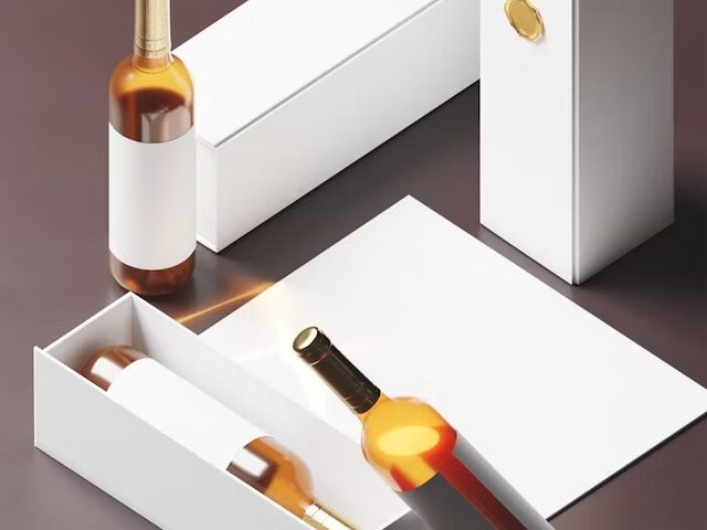 Botol minuman elegan dalam kotak putih dengan empat sisi terbuka, menunjukkan desain premium.