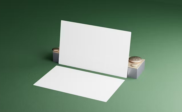 Mockup kartu undangan putih dengan aksen logam, ideal untuk desain grafis dan percetakan online.
