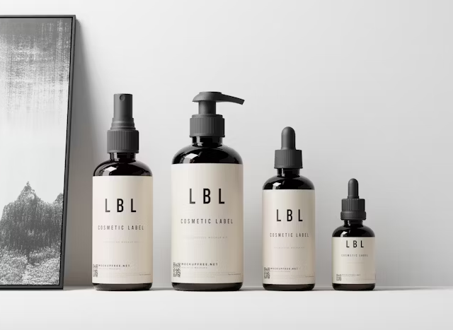 Empat botol kosmetik LBL dengan desain minimalis di depan kanvas abstrak.