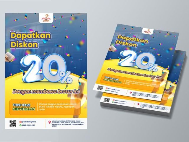 Flyer promosi diskon 20% dari Uprint.id dengan konsep warna cerah dan konfetti.